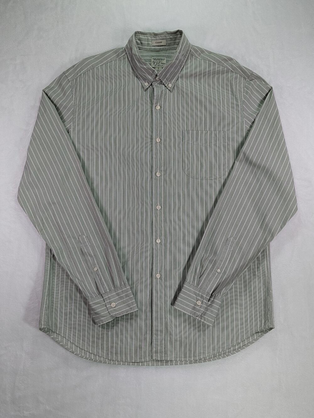J.Crew Classic Secret Wash Size Large White w/Green Vertical Stripes Long Sleeve